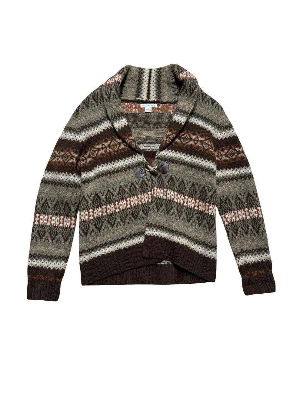 Susan Bristol Women’s M 100% Wool Fair Isle Nordic Shawl Collar Toggle Sweater